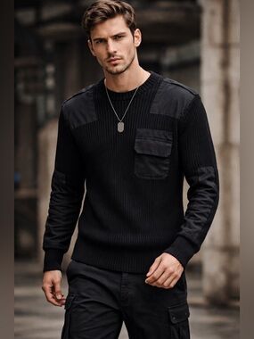 Vintage Men’s Black Utility Tactical Ribbed Sweater Bushline